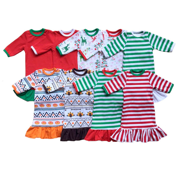 2018 Baby Girls Halloween Christmas Night gowns Ruffle Dress kids Xmas Pajamas Red And White Stripe cotton children Long sleeves nightwear