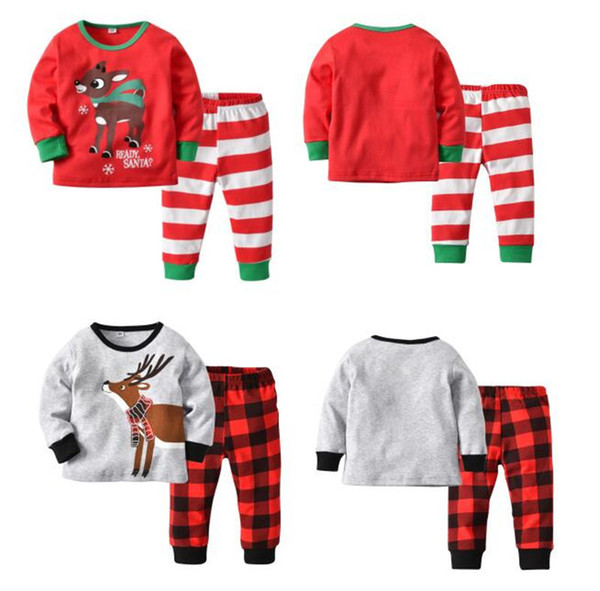 Kids Christmas Pajamas Set Xmas Elk Deer Sleepwear Striped Plaid Nightwear Hoodie Pants 2PCS Suit Children Sleepcoat Pajama Home Outfits Hot