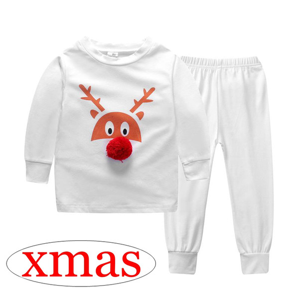 xmas girls deer 3D elk print white Pajamas kids 100% cotton christmas 2pc set white top tees & pp pants