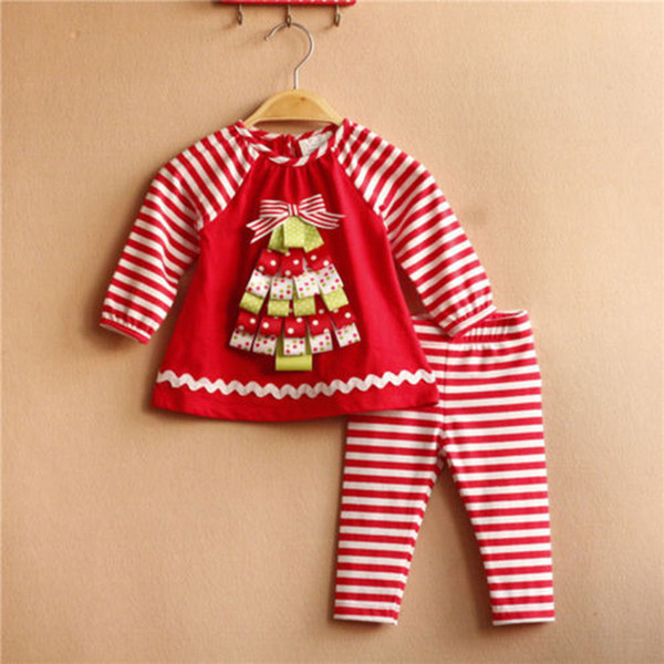 Girl Christmas tree elk rainbow stripe Pajamas sets 2017 new Kid Cotton cartoon long Sleeve + Pants 2pcs Suits kids clothes B