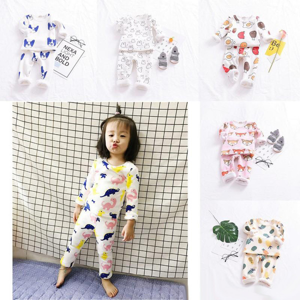 Baby Girls Autumn Winter Thicken Pajamas Sets Long Sleeve Rabbit Dog Fox Animal Pineapple Printed Cartoon Cute 2pcs Sets