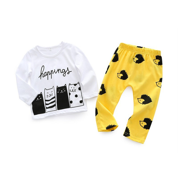 2018 Cat Kids Long Sleeves shirt + hedgehog pants set leisure wear pajamas suit Cartoon Boy clothing Free shipping G444