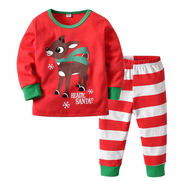 Children's home clothes Children's Christmas pajamas set Boys and girls red printed Christmas deer striped pants two-piece suit