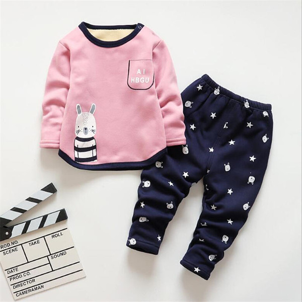 good quality 2019 girls pajamas set autumn winter new children cotton plus velvet T-shirt + pants 2 pcs clothes kids warm clothing