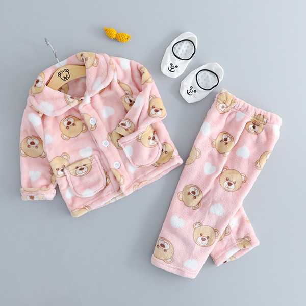 good quality Toddler Kids Winter Autumn Pajamas Set Animal Flannel Sleepwear Penguin Bear Star Print Baby Girl Boy Clothes Pyjama