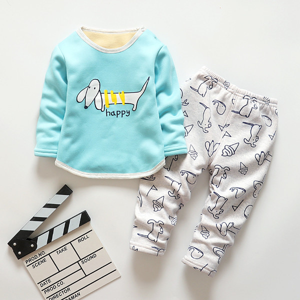 good quality Baby Boys Warm Pajamas Sets Children Autumn Winter Cotton Plus Velvet Sleepwear Suit Kids Boys Cartoon Nightclothes Set