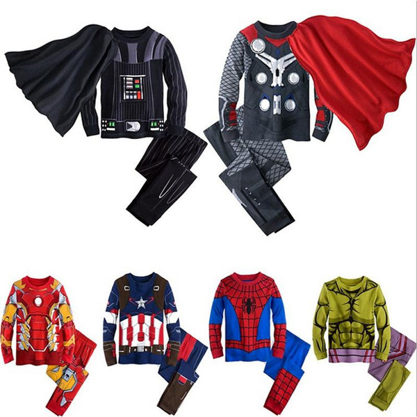 children Cartoon iron Man Hulk Spider-Man Captain America thor boy cosplay pajamas sets spring kids baby T-shirt pants Long Johns two suit