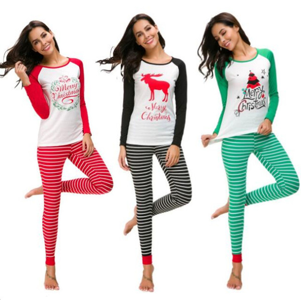 Women Christmas Pajamas Set Santa Claus Elk Print Pullover T shirt Striped Pants Suit Long Sleeve Homewear Autumn Outfits Xmas Sleepwear Hot