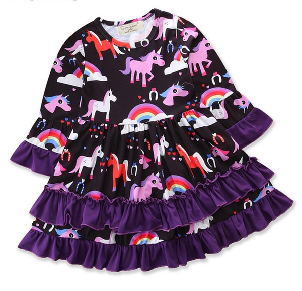 Girls Unicorn Long sleeve Lace Dress 100% Cotton for 1-5T Girls horse Cartoon Cotton Dress