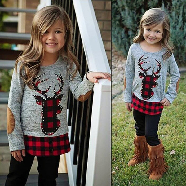 Baby girls Christmas elk lattice outfits children Plaid deer top+pants 2pcs/set 2018 Autumn fashion Boutique Xmas kids Clothing Sets B001