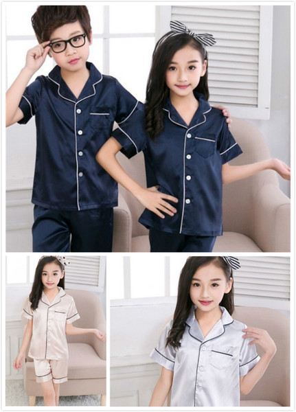 3 Colors boy girl Silk Pajamas Short sleeve + shorts suit Nightdress Sleepwear Solid color Underwear JC212