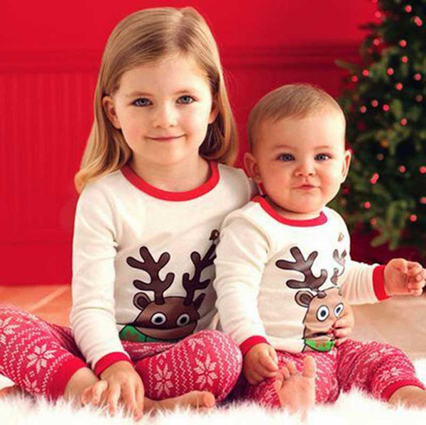 Boy girl Christmas elk stripe Pajamas sets DHL 2016 new children Cotton cartoon stripe long Sleeve + Pants 2pcs Suits baby clothes B