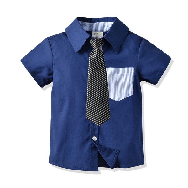 2019 Boys Color Collision Short Sleeve Shirt In Children Baby Pure Cotton Shirt Necktie Gentleman Pretend Hair