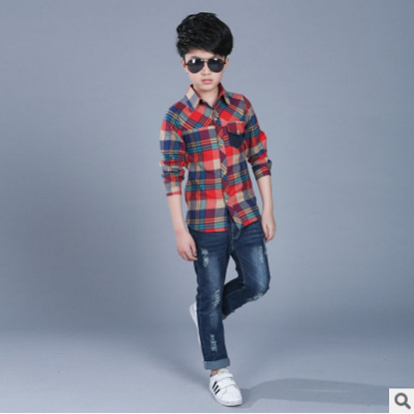 Boys Shirt 2019 New Spring and Summer Boys One Pocket Casual Shirt 2 Plaid colors Leisure Turn-Down Collar Shirt Size6-14 ly280