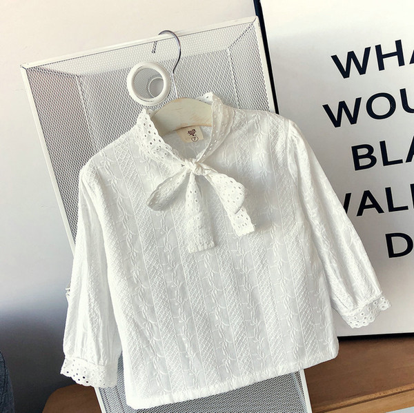 Girls Bow Tie Hollow Out Shirt Tops Fall 2019 Kids Boutique Clothing 2-7T Little Girls Long Sleeves White Princess Shirts Blouse