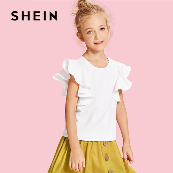 Shein White Butterfly Sleeve Ruffle Cute Kids Shirt Girls Blouses 2019 Summer Korean Fashion Elegant Tee Shirts For Girls Tops