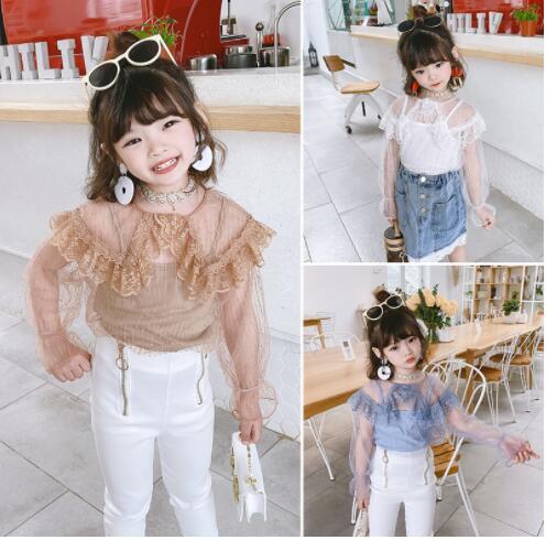 Super fairy inside the girl's long-sleeved lace shirt spring 2020 new foreign children's net yarn sling bottoming shirt