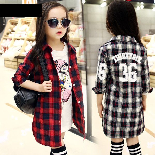 casual little big girls plaid long shirt coats red black gray spring summer 2016 girl tops kids long sleeve letter shirts children clothes