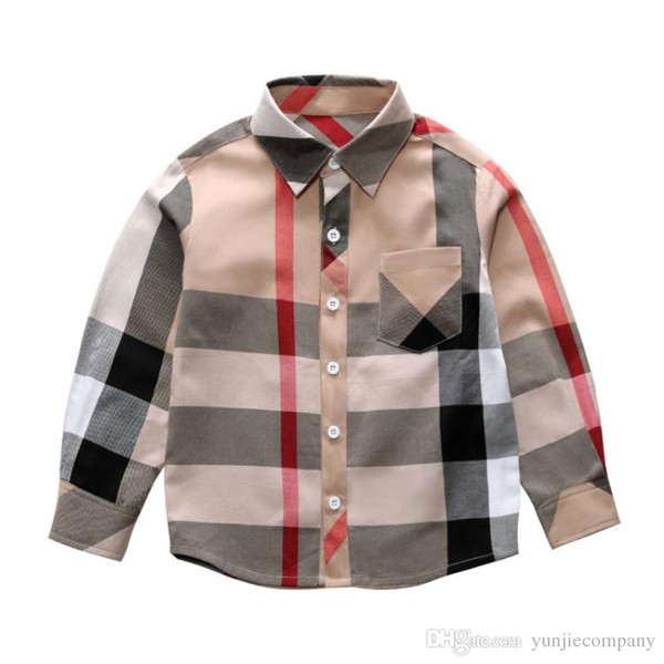 Hot sale Fashion boy clothes Spring new long sleeve big plaid tshirt brand pattern lapel boy shirt