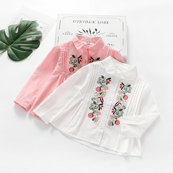 Girls cotton shirt 2019 new spring baby children fashion collar embroidery embroidery shirt bottom undergarment cardigan shirt