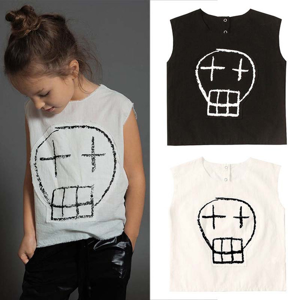 INS Baby Boy Girl Sleeveless Skeleton Pattern Shirt White Black Kids Clothing Tops Blouse Casual Clothes Cotton Preppy Kids Clothing 2-7T