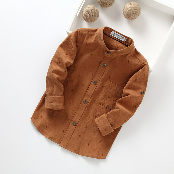 2018 Brown Long Sleeve Shirt Spring Autumn Turn Down Collar Blouses Cotton Clothing for Kids 2384