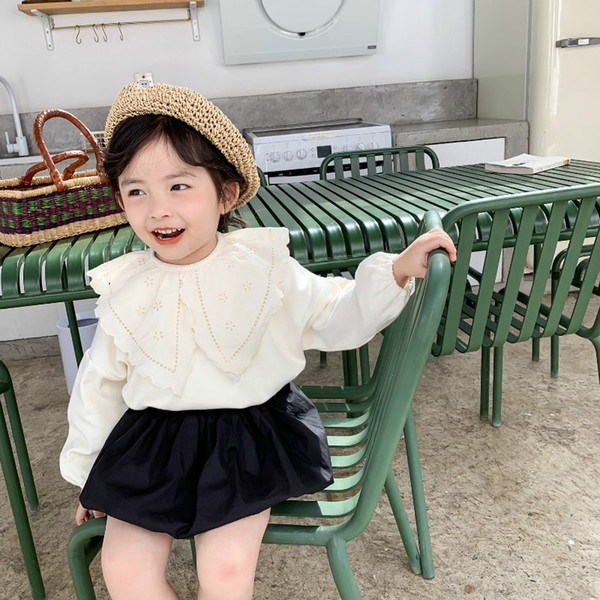 Spring Models Childrens Clothing Korean-Style Embroidered Large Lapel Wawa Shan Children Baby Girls Long Sleeve T-shirt Bottoming Shirt