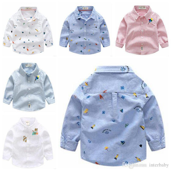 Baby Kids Clothes Boys Printed Cartoon Shirts Boys Striped Blouse Fashion Long Sleeve T Shirts Kids Cotton Tops Designer Lapel Tees C5090