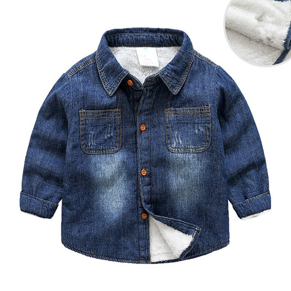 New Kids Shirt Plus Velvet Autumn Winter Denim Long Sleeve Shirts Fashion Lapel Warm Children Clothing 2-9 Y Kids Clothes Tops