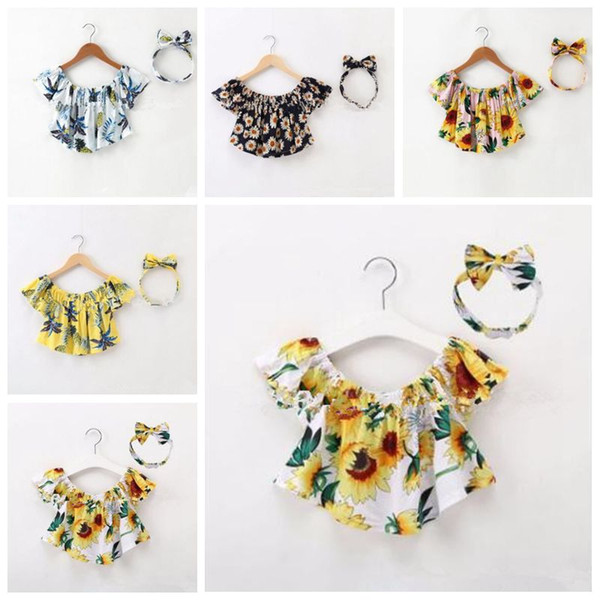 Baby Girls Clothes sunflowers Toddler Kids Off Shoulder Ruffle Floral Tops Blouse Headband Summer Girls Casual Sunsuit Outfits Clothes LT967