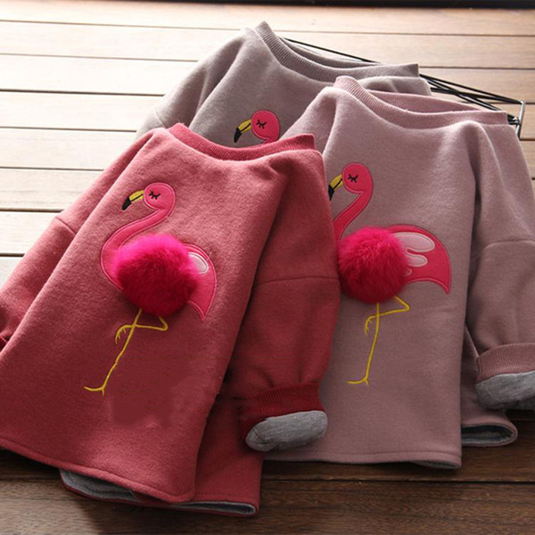 2019 new autumn and winter arrival girl cute flamingo design warm top o-neck thick top T200228