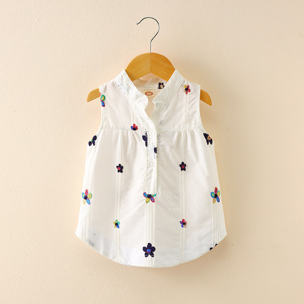 New Summer Girls Female Baby Vest Korean-Style Embroidered Small Flower Sleeveless Lapel Casual Shirts Mens Tops