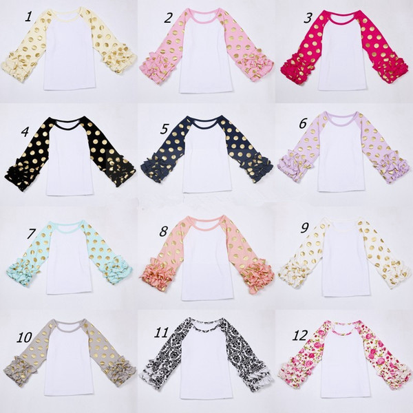 Baby girl icing Ruffle Sleeve shirts with gold polka dot Girls boutique clothes o-neck casual flower tops Autumn fall cloth