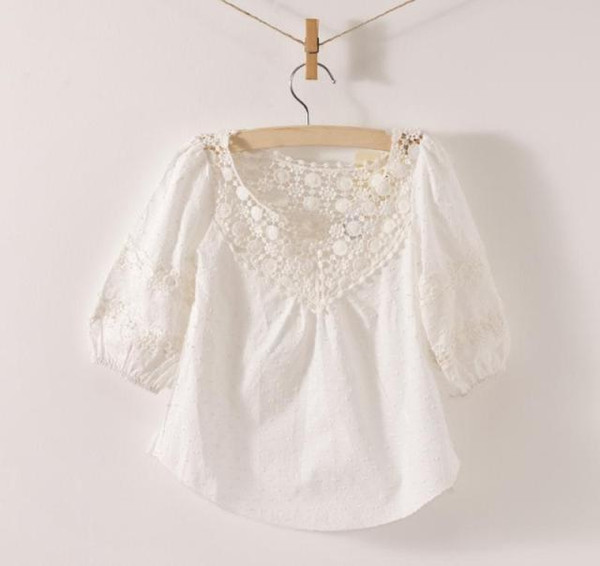 3 -10 year New Girls Baby 7 minutes of sleeve shirt Lovely embroidery kids Lace collar shirt Children's Blouse clothes