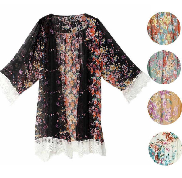 Women Summer Blouse Printed Chiffon Shawl Kimono Casual Cardigan Cover Up Tops Lace Tassel Flower Blouse KKA3435