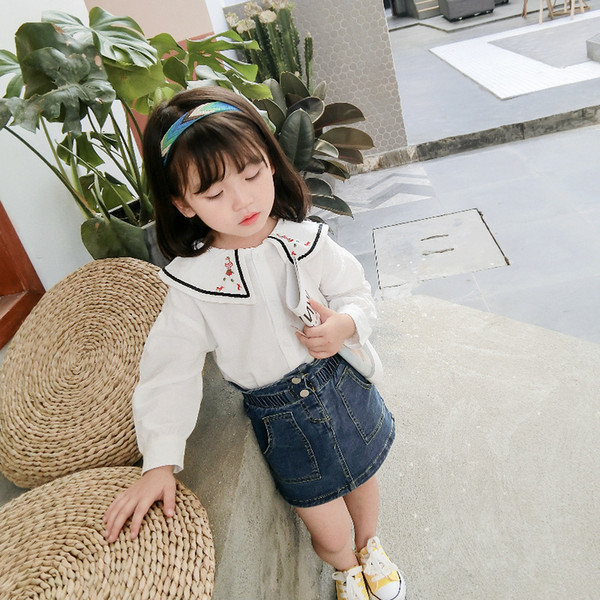 2019 spring new children's clothing Girls T-shirt embroidered collar show bottom shirt brief baby kids shirt clothing free