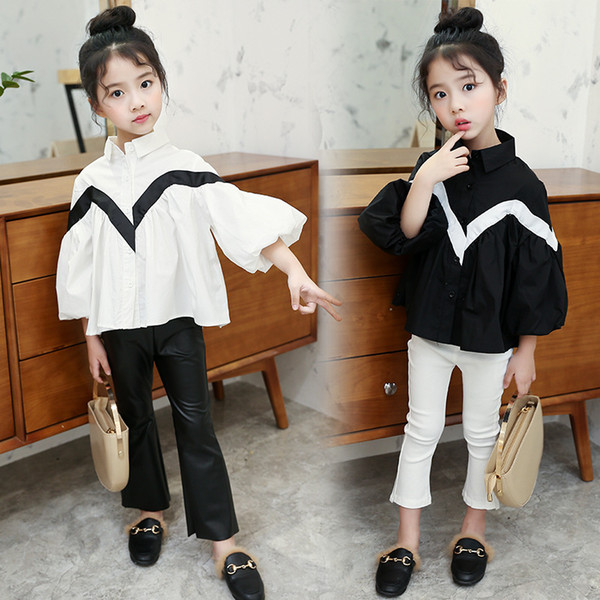 Children Girl Shirt Patchwork Puff Sleeve for autumn Turn down Collar cotton girl long sleeved children bubble sleeve white shirt