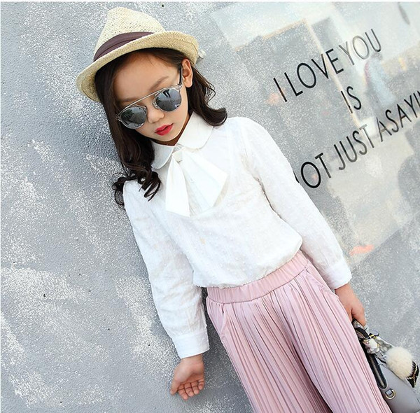 White Blouses For Girls School Clothes Long Sleeve Lace Up Bowknot Shirts Casual Solid Bottoming Shirts 4 6 8 10 11 12 14 Years