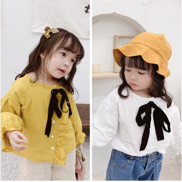 Spring 2019 children's wear new girl Korean version full cotton bow shirt shirt sleeve pure color lace