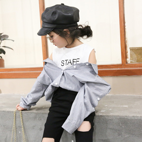 Girls shirt 2019 spring new Korean children's ocean off-the-shoulder tide fake two-piece striped wild casual shirt