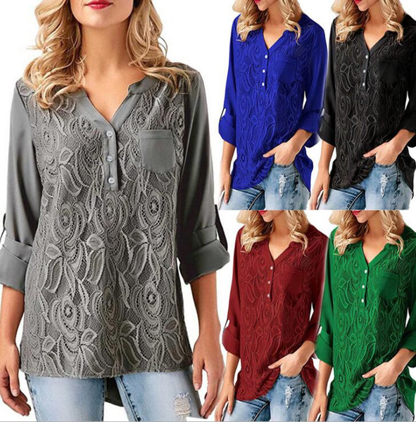 Women Patchwork Chiffon Blouses Shirt Women Casual Long Sleeve V Neck Button Tops Plus Size Long Sleeve Chiffon Shirt LJJK883