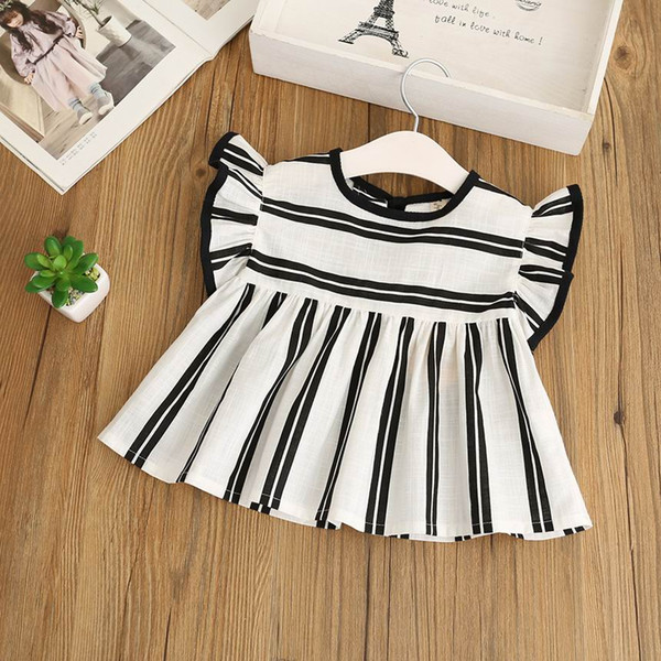 Retail 2018 Summer New Girl Shirts Black White Stripe Flare Sleeve Cotton Linen Loose Blouse Children Clothing 2-8Y C35