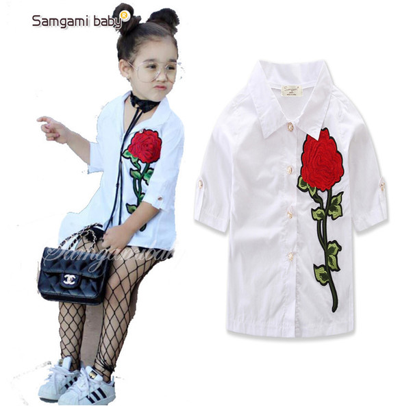 Children's wear summer girls shirts ins explosion models girls fashion rose embroidered white kids shirt tops Free shipping