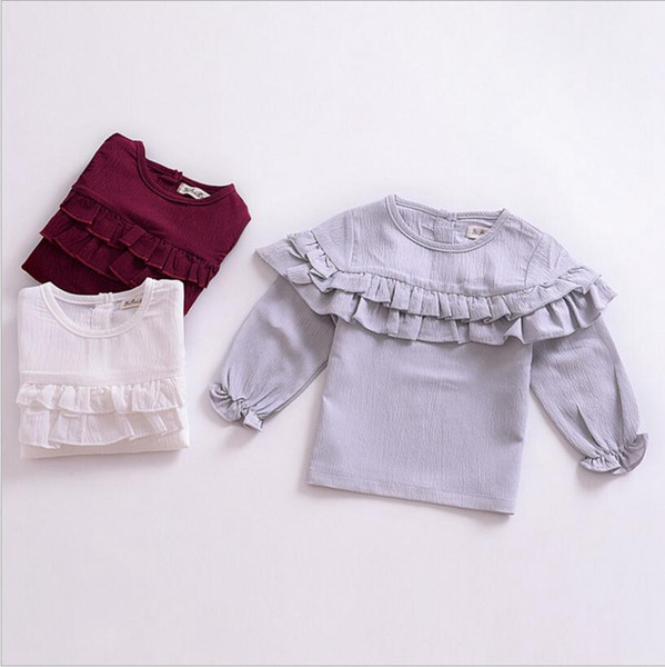 Ins Baby Girls Flouncing Shirts Girls Bubble Sleeve Shirt Solid Round Neck Long Sleeve T-Shirts Kids Spring Autumn Clothes LM50