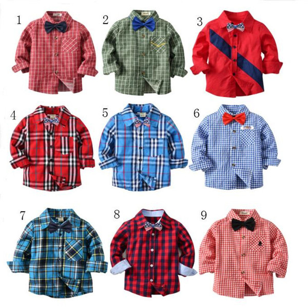 Kids Boys Plaid Shirt with Bow Tie Long Sleeve Cotton Striped T Shirts Autumn Gentleman Tops Shellort England Trendy Blouse Top Clothing