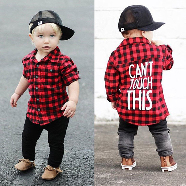 2018 Red Black Plaid Baby Boys Long Sleeve Shirt Kids Long Sleeve Blouse Casual Clothes Letter Print Preppy Casual Children Clothing 1-7T