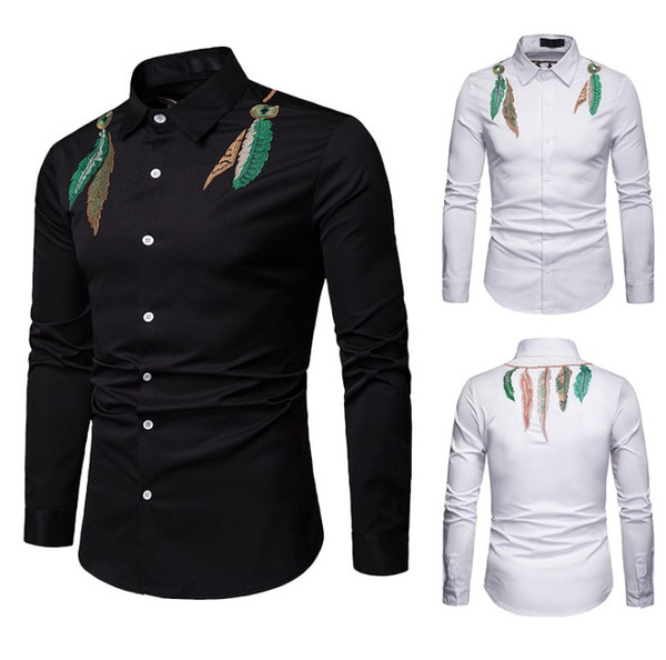 2019 spring and autumn new European men's Natural Color lapel embroidery Slim fashion casual long-sleeved men shirt online free