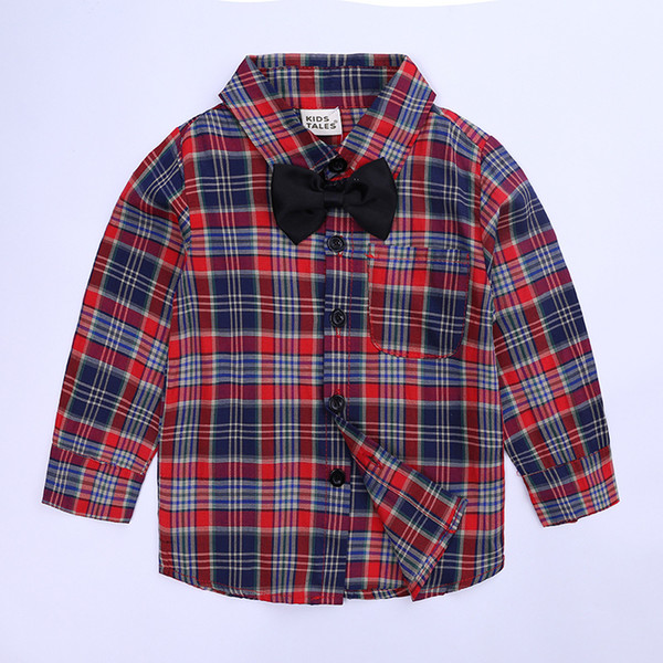 2018 new children's shirts boys autumn red plaid long-sleeved shirt lead knots middle school gentleman shirt shirt