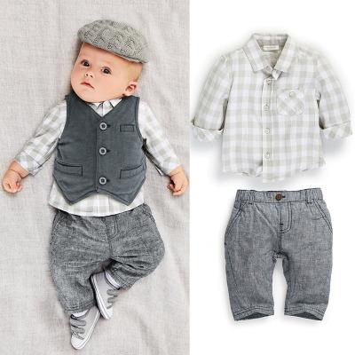 Baby Boys 3pcs Suits European Style Fashion Shirt+Vest +pants Plaid Suits Children Boys outfits Sets Infant Cotton Suit babies clothes