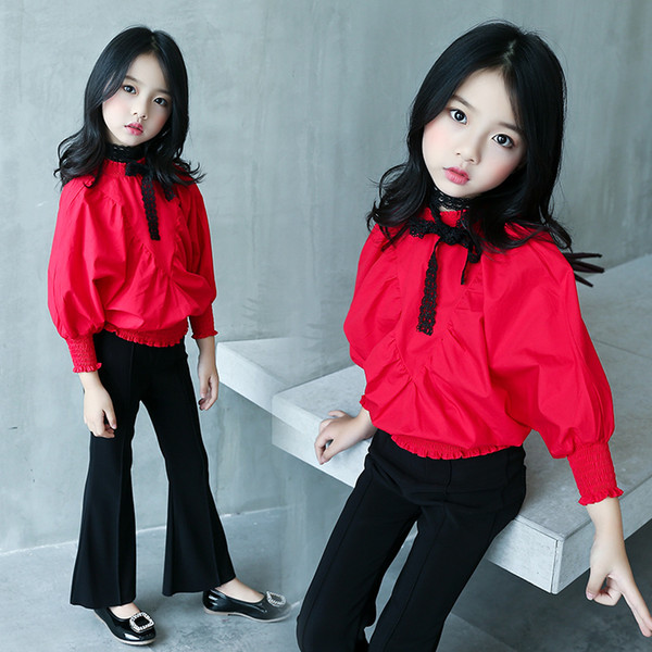 Children Girl Shirt Solid Color Bat Long Sleeve collect Swing sleeve cuff Autumn Clothes Shirt Children Clothes spring white collar